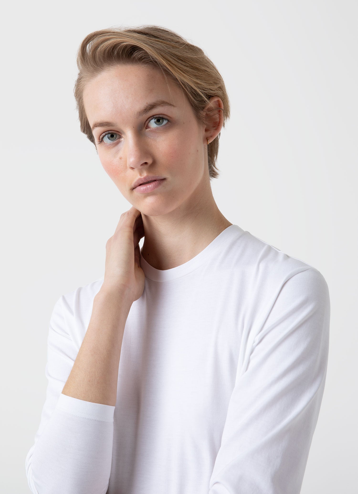 Women's Long Sleeve Boy Fit T-shirt in White | Sunspel