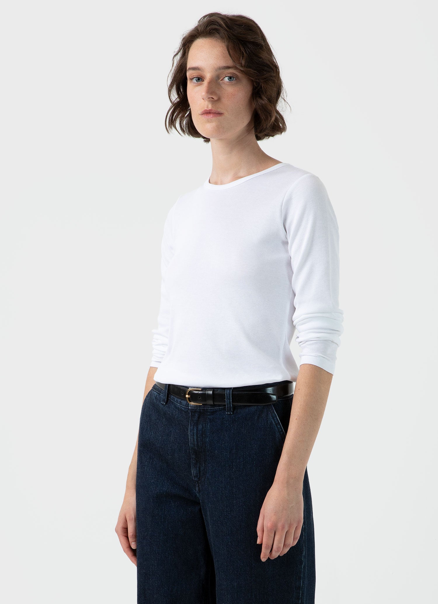 Women's Ribbed Long Sleeve T-shirt in White | Sunspel