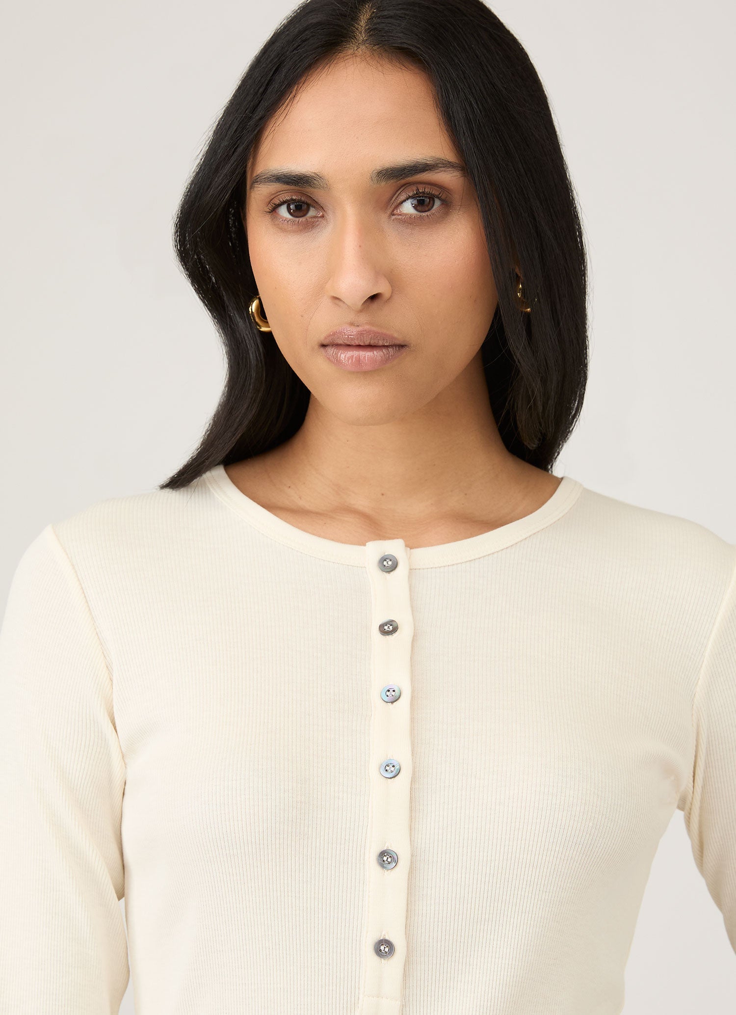 Women's Ribbed Henley in Ecru