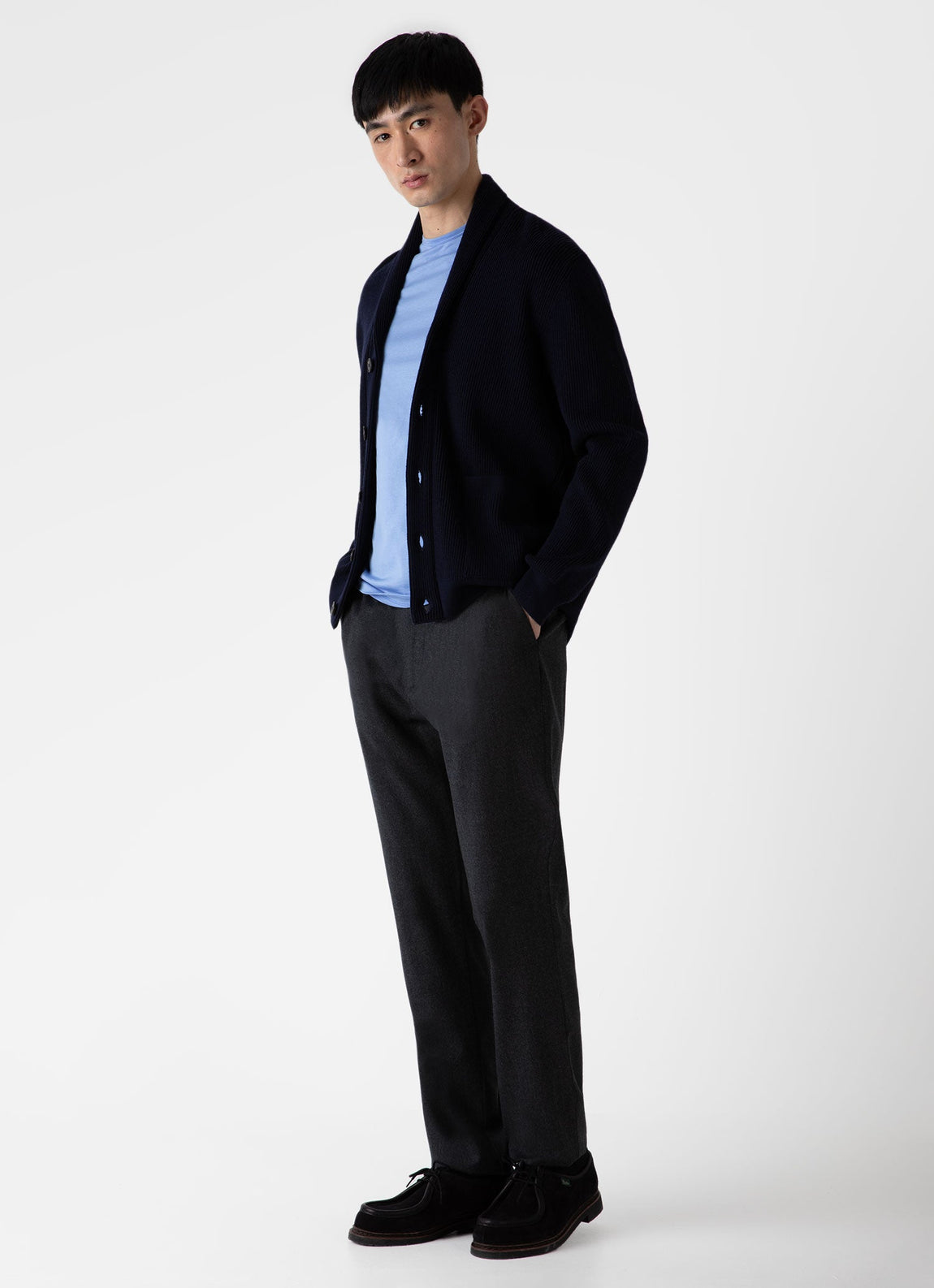 Men s Ribbed Shawl Neck Cardigan In Navy Sunspel men-s-ribbed-shawl-neck-cardigan-in-navy-sunspel