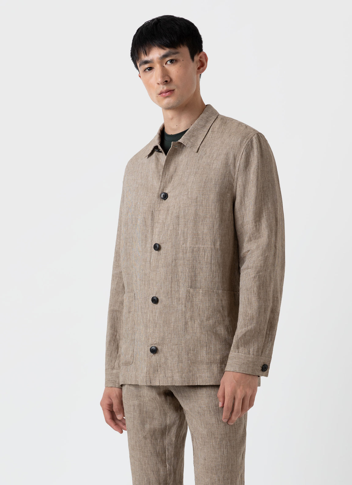 Men's Linen Twin Pocket Jacket in Light Sand Puppytooth