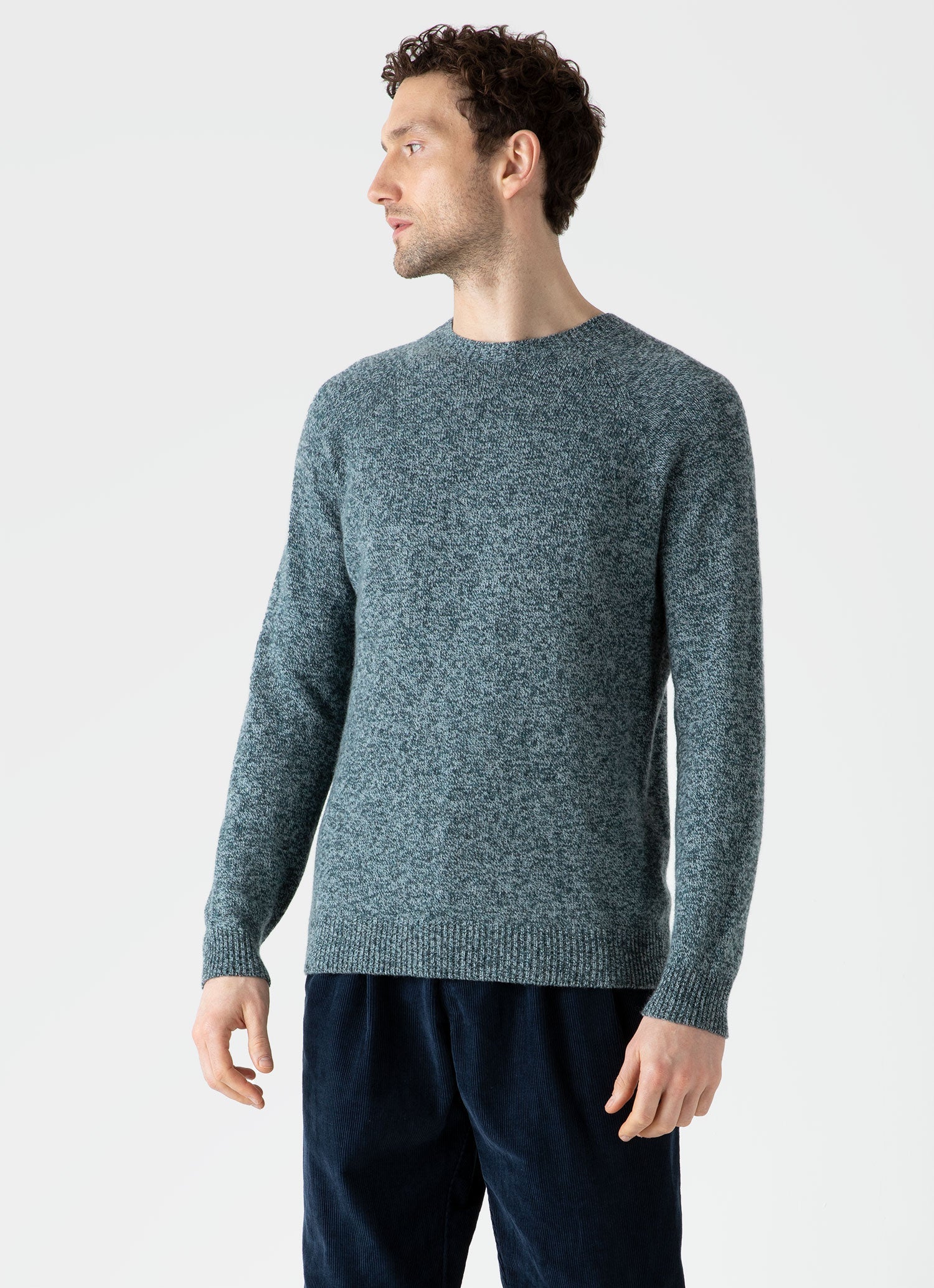 Men's Lambswool Crew Neck Jumper in Green Sage Twist | Sunspel