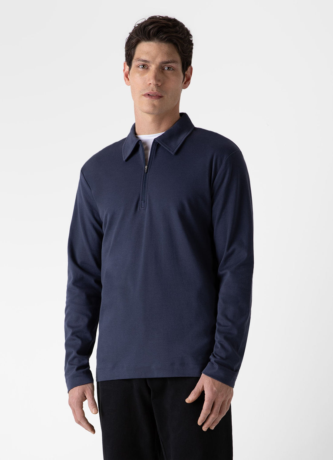 Men's Brushed Cotton Long Sleeve Polo Shirt in Navy