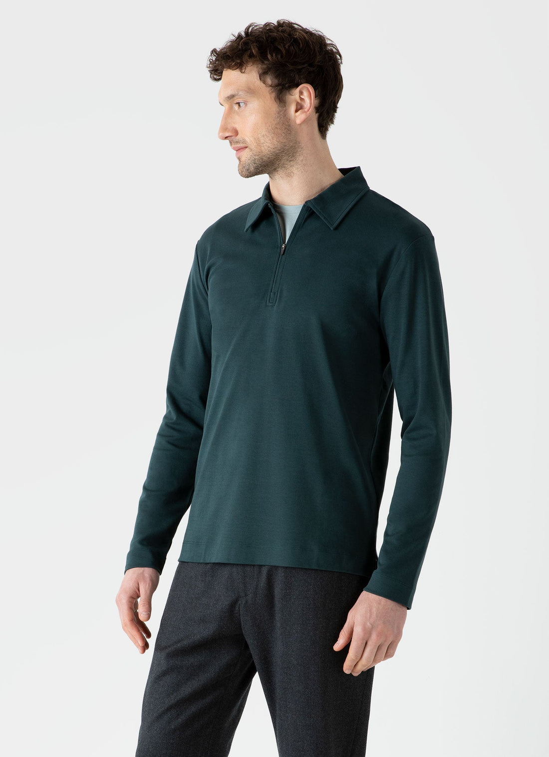 Men's Brushed Cotton Long Sleeve Polo Shirt in Peacock