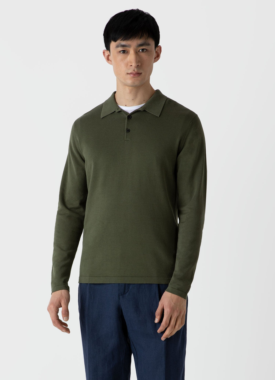 Men's Long Sleeve Sea Island Cotton Polo Shirt in Hunter Green