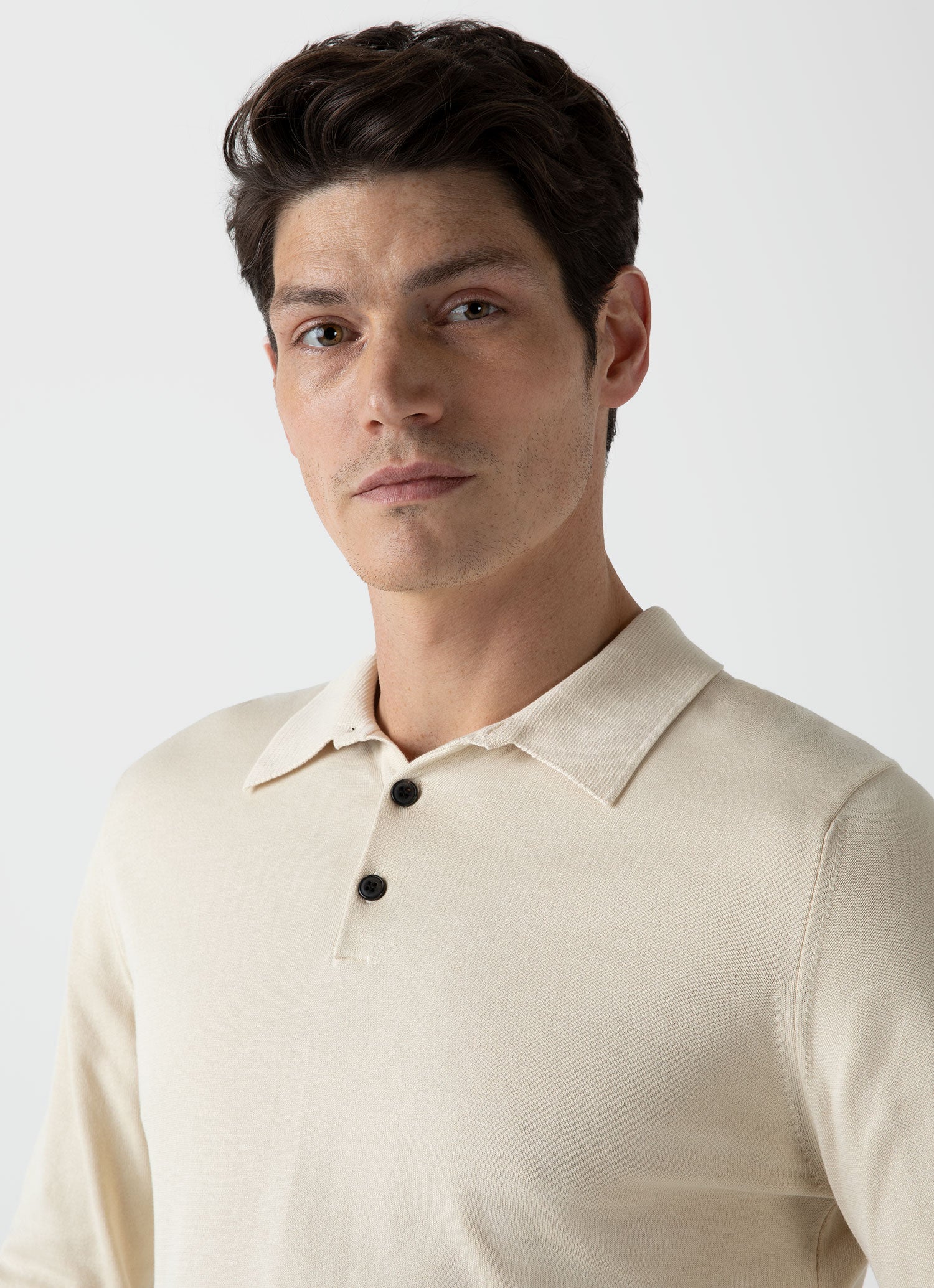 Men's Long Sleeve Sea Island Cotton Polo Shirt in Undyed | Sunspel