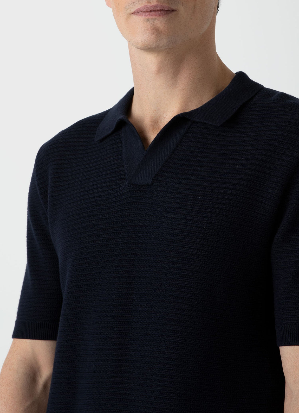 Men's Open Textured Polo Shirt in Navy | Sunspel