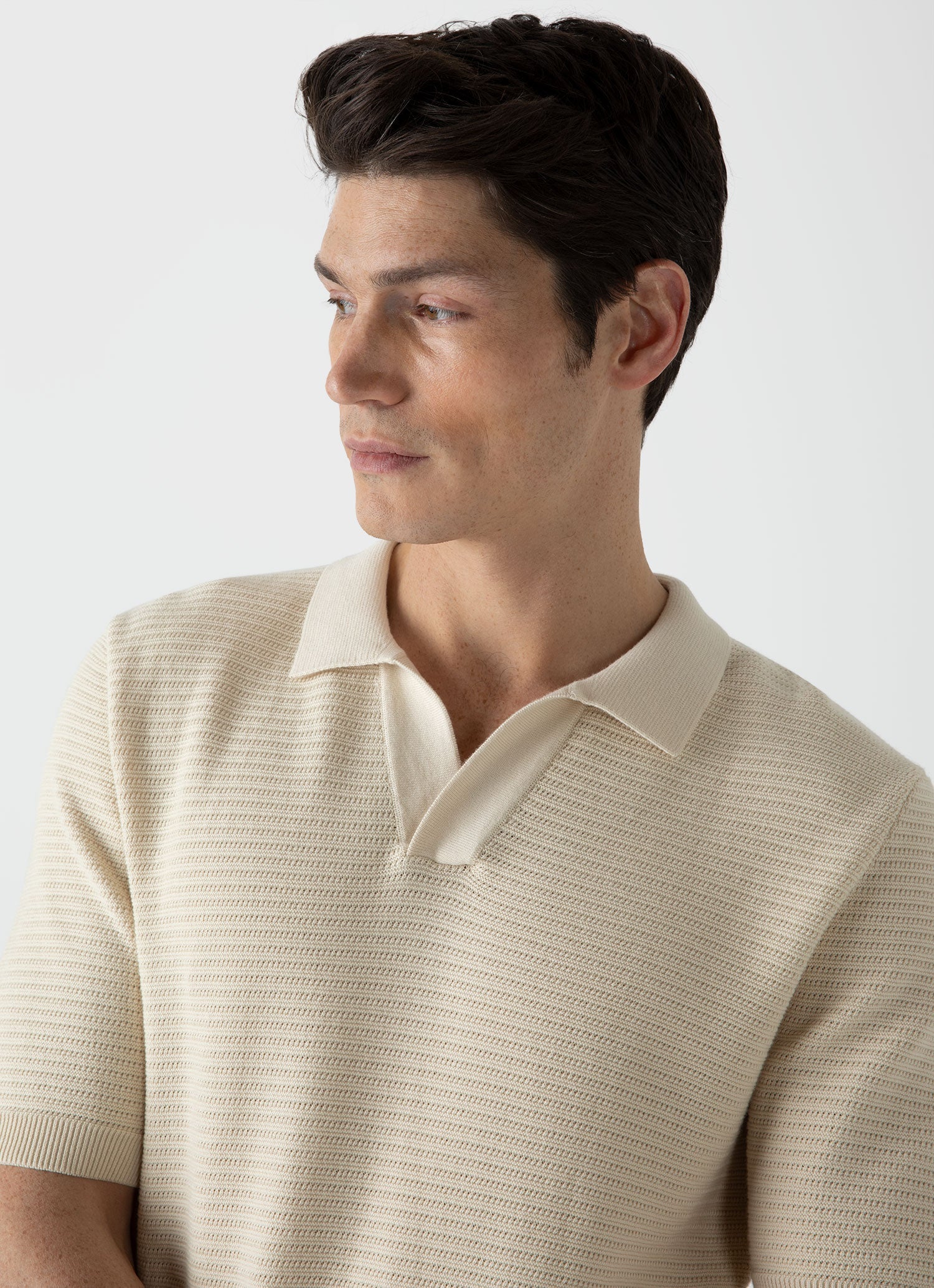 Men's Open Textured Polo Shirt in Ecru