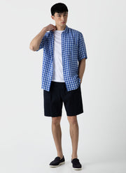 Men's Short Sleeve Linen Shirt in Blue Gingham