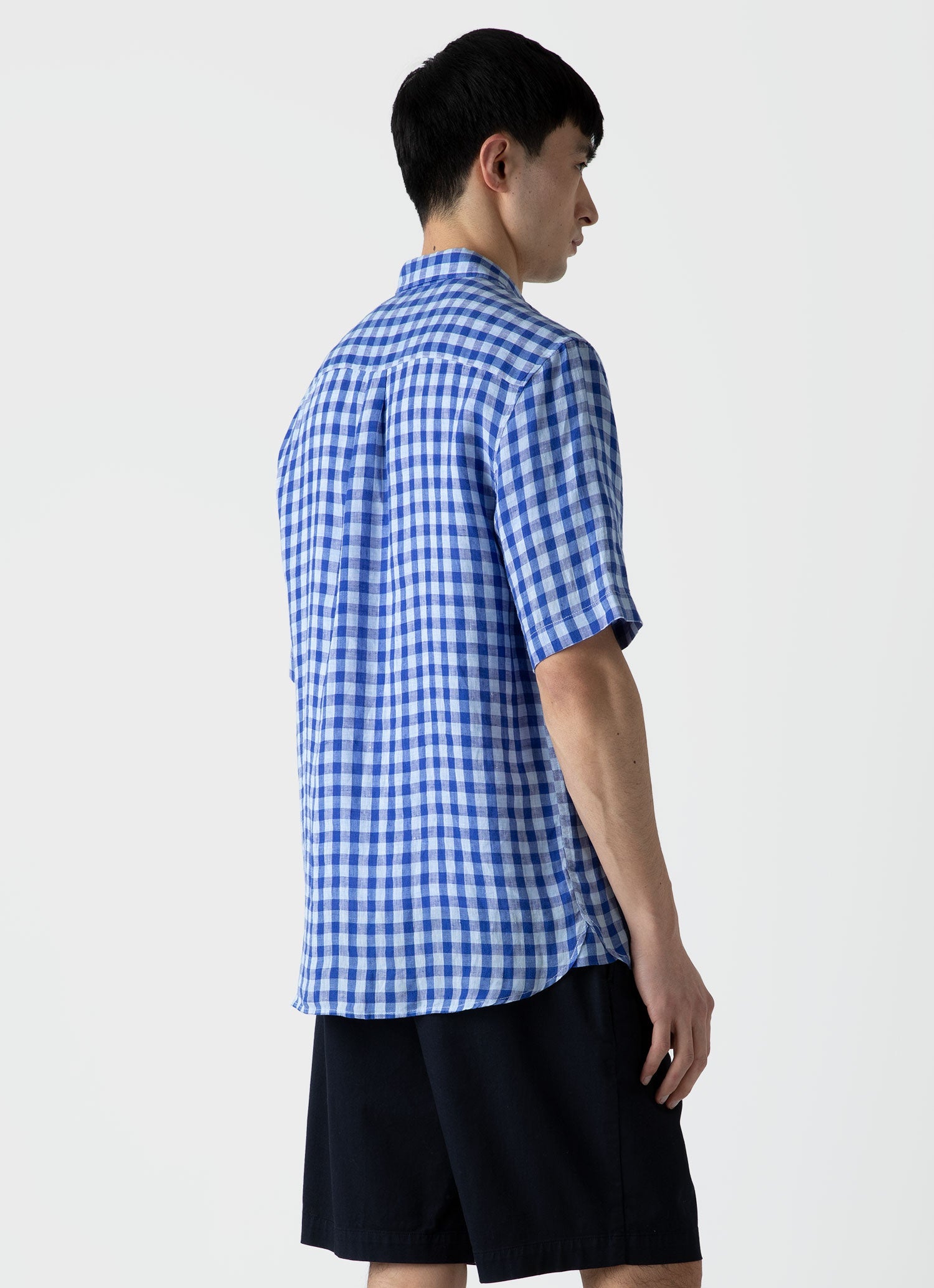 Men's Short Sleeve Linen Shirt in Blue Gingham