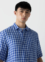 Men's Short Sleeve Linen Shirt in Blue Gingham