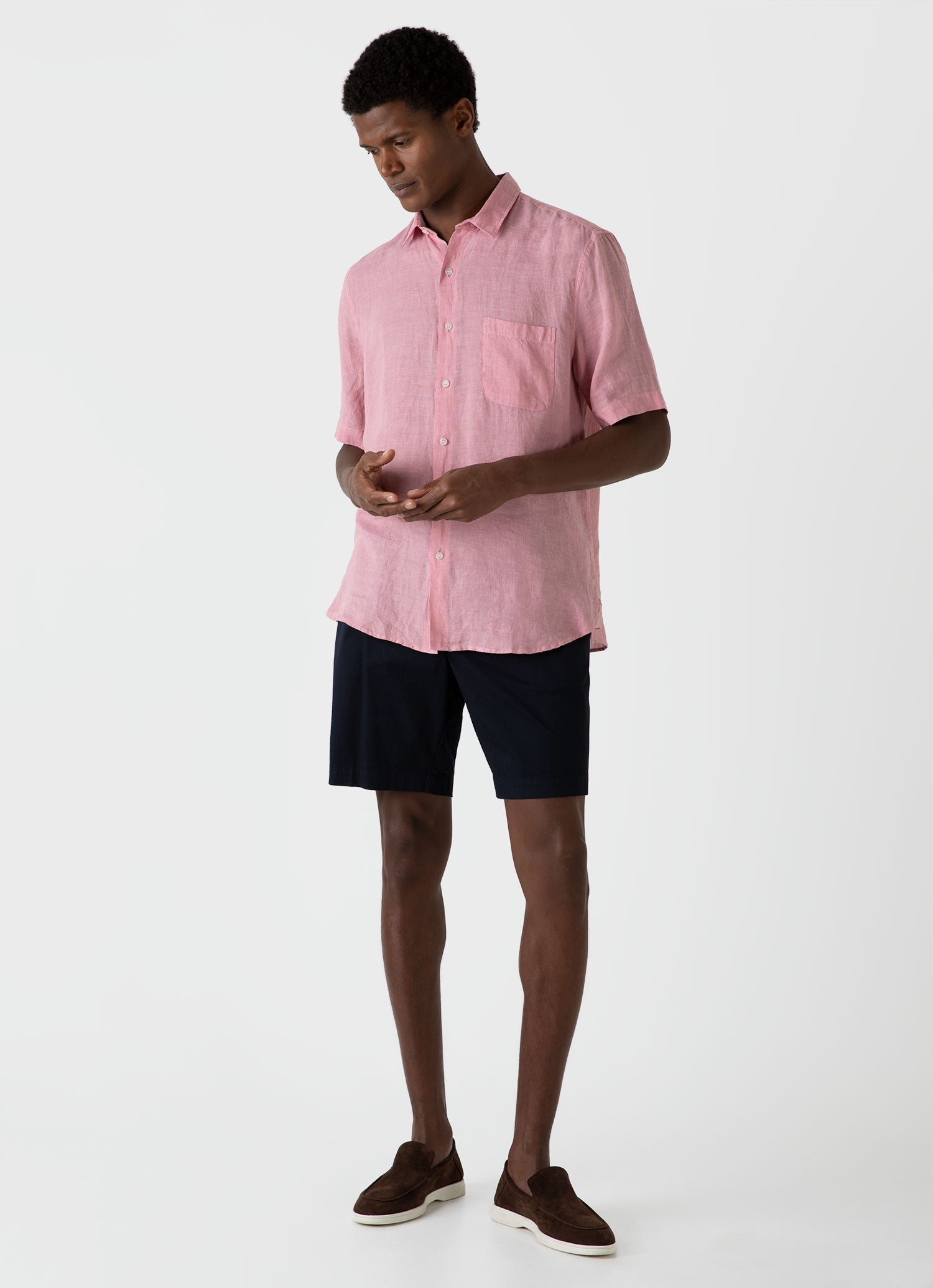 Men's Short Sleeve Linen Shirt in Shell Pink