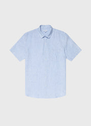 Men's Short Sleeve Linen Shirt in Cool Blue Micro Stripe