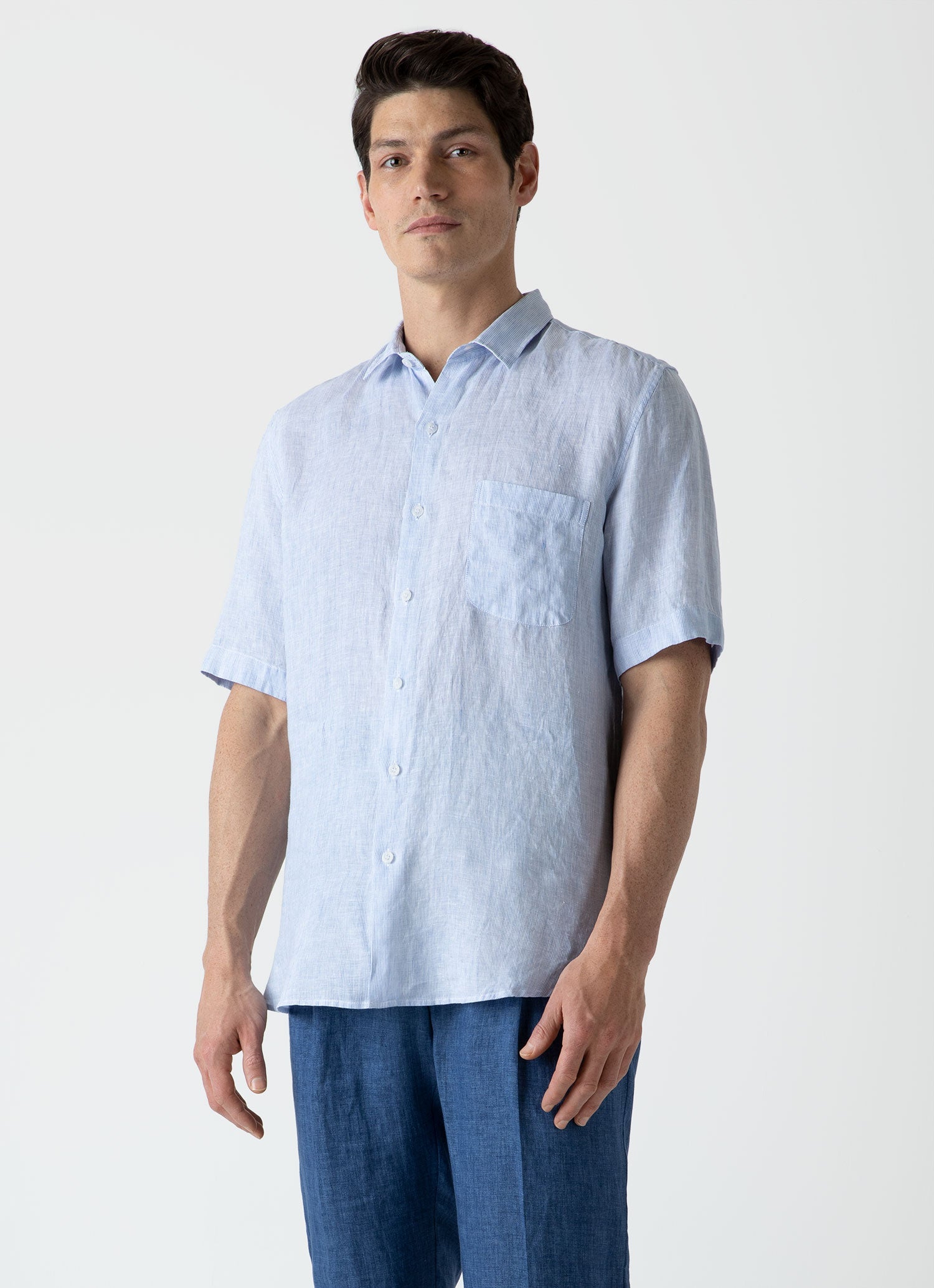 Men's Short Sleeve Linen Shirt in Cool Blue Micro Stripe