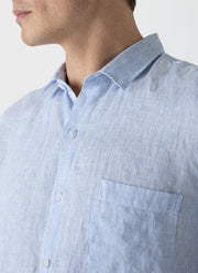 Men's Short Sleeve Linen Shirt in Cool Blue Micro Stripe