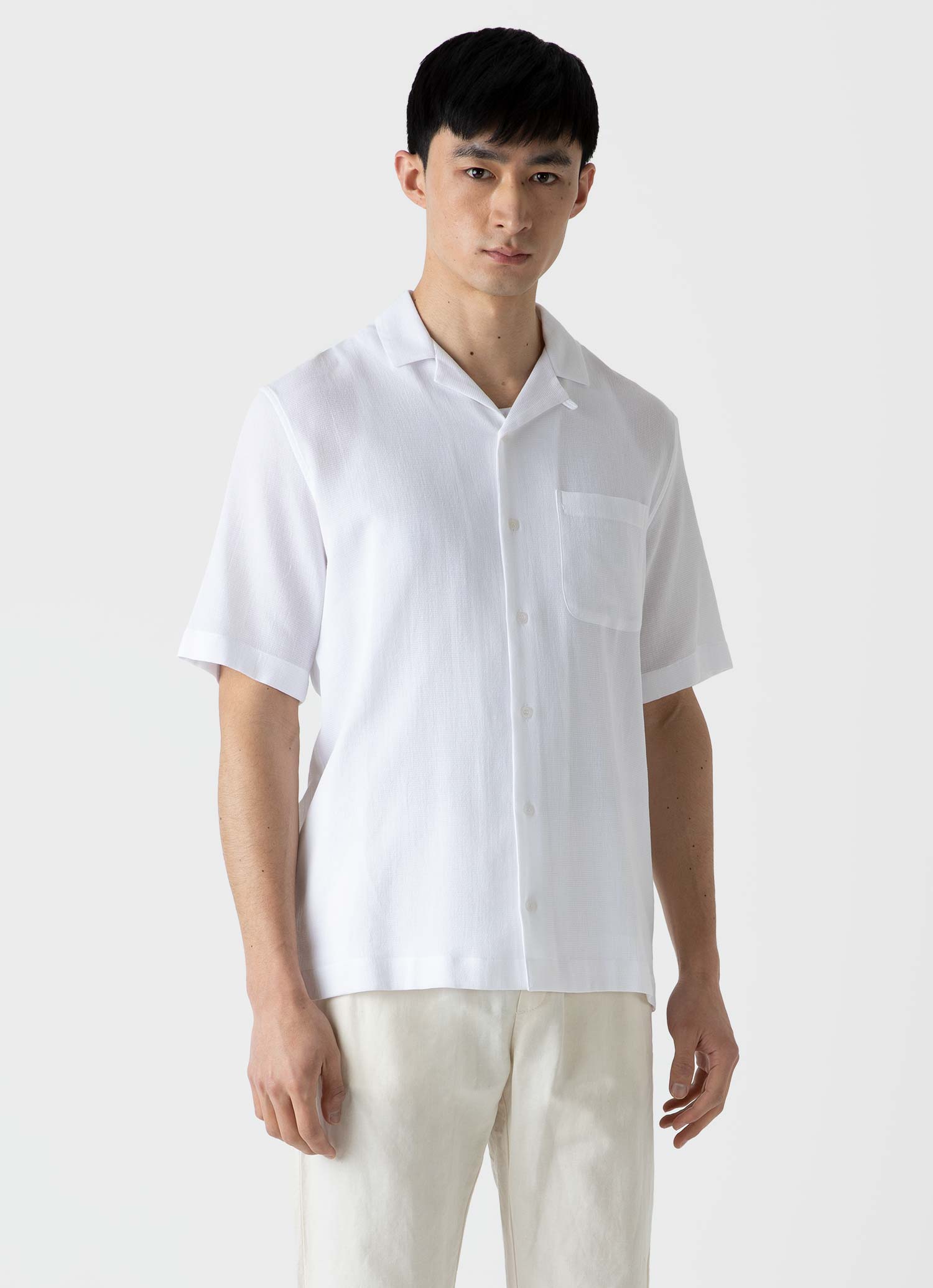 Men's Waffle Camp Collar Shirt in White | Sunspel