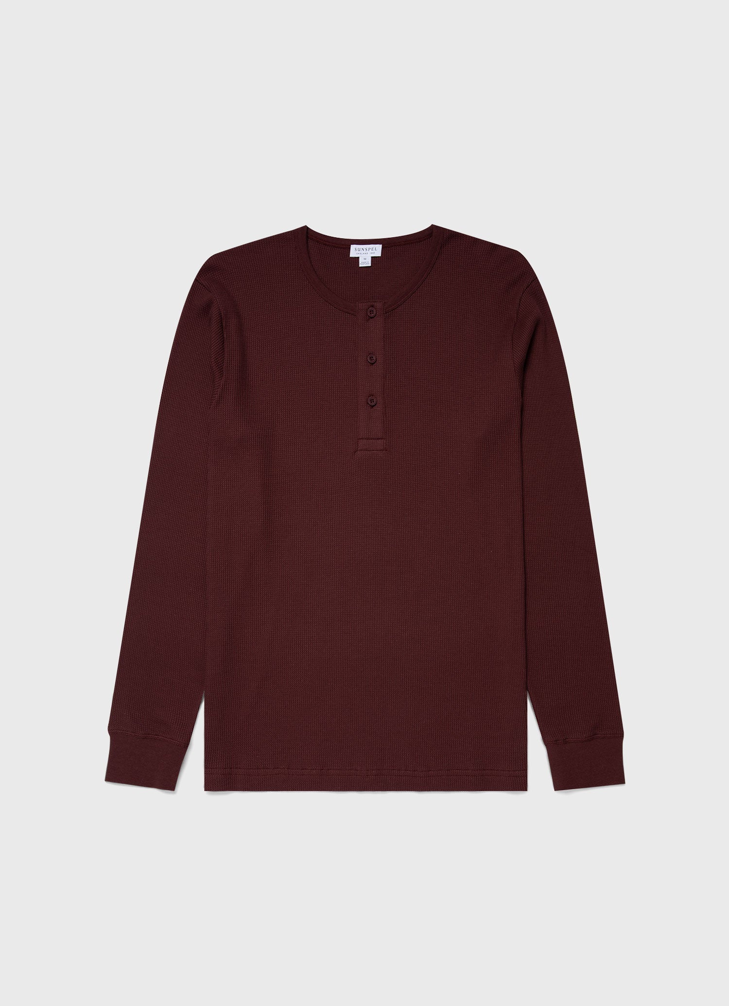 Men's Long Sleeve Waffle Henley in Maroon | Sunspel