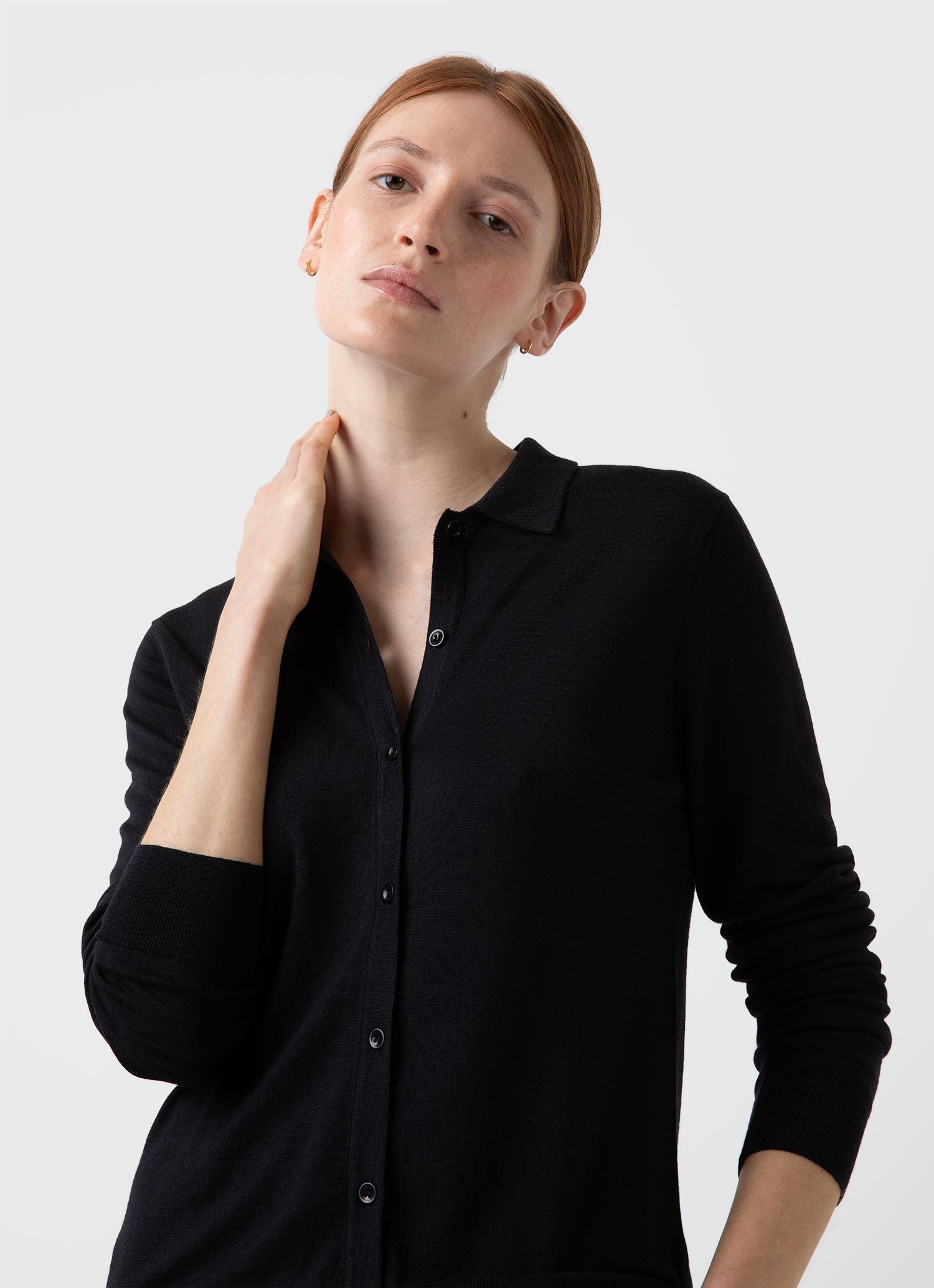 Women's Merino Silk Collar Cardigan in Black | Sunspel