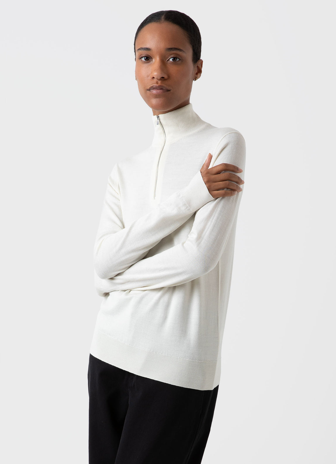 Women's Merino Silk Zip Neck Jumper in Ivory