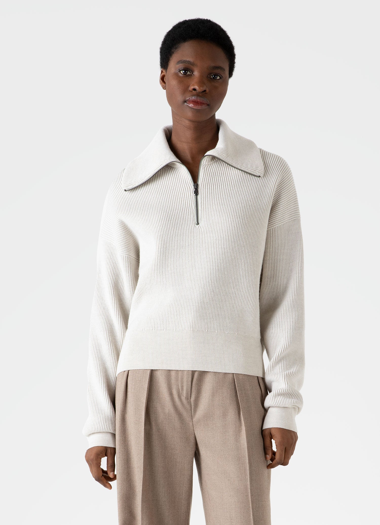 Women's Ribbed Half Zip Jumper in Ecru | Sunspel