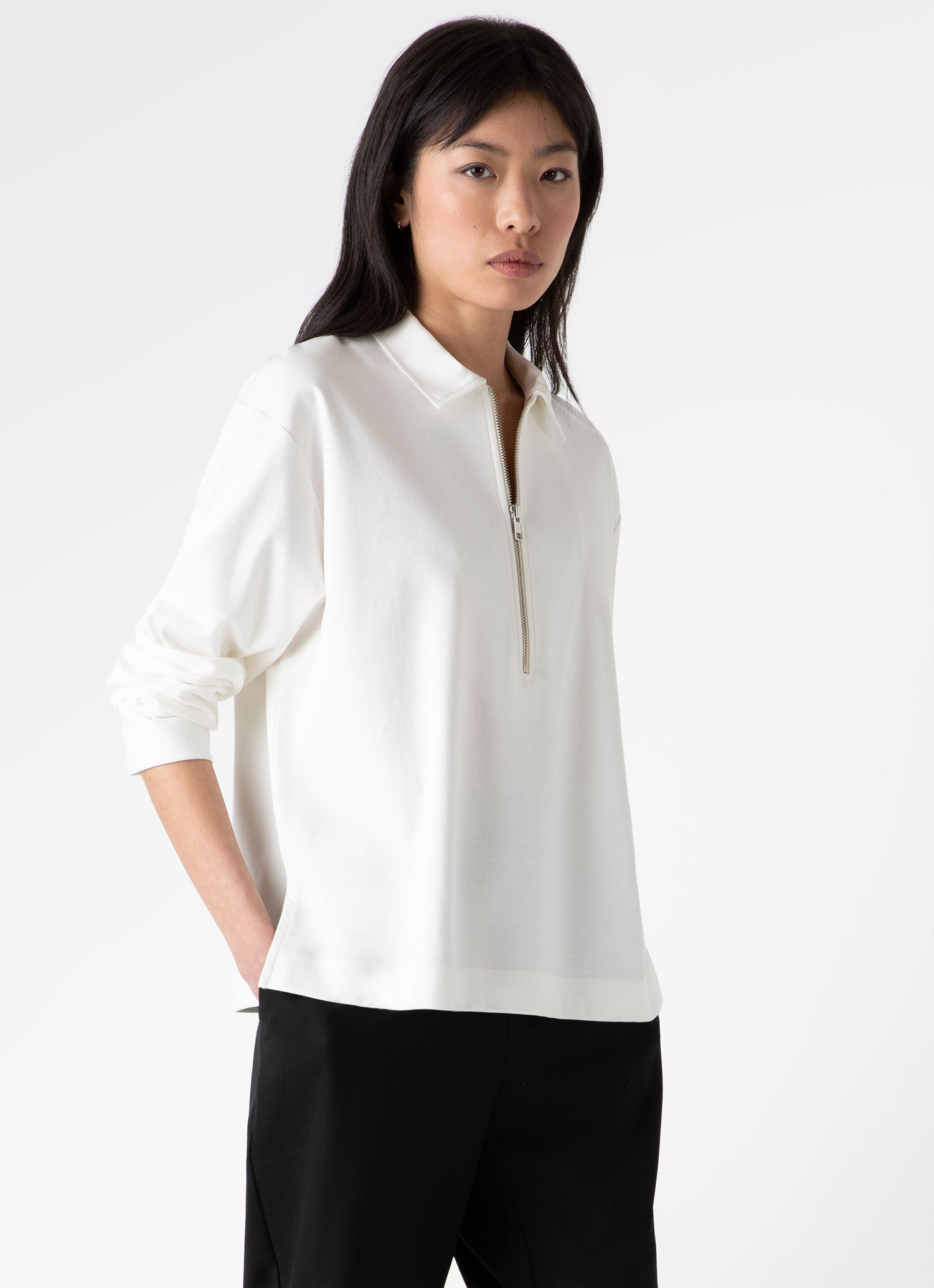 Women's Half Zip Heavyweight Polo in Ecru | Sunspel